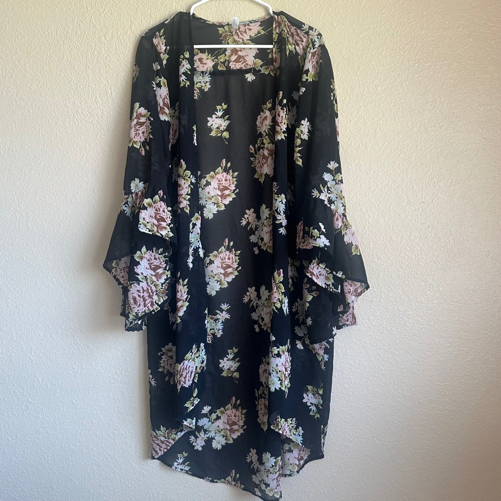 Floral Sheer Open Front Kimono Ruffle Bell Sleeve Black Boho Coverup Women's 2X